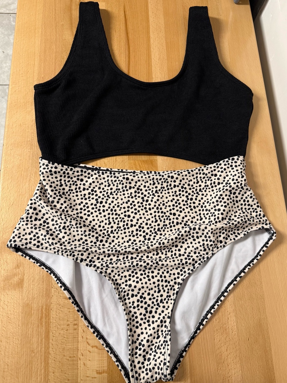 Bathing suit with cutout in Black & Cream with Black Spot Print, size XL